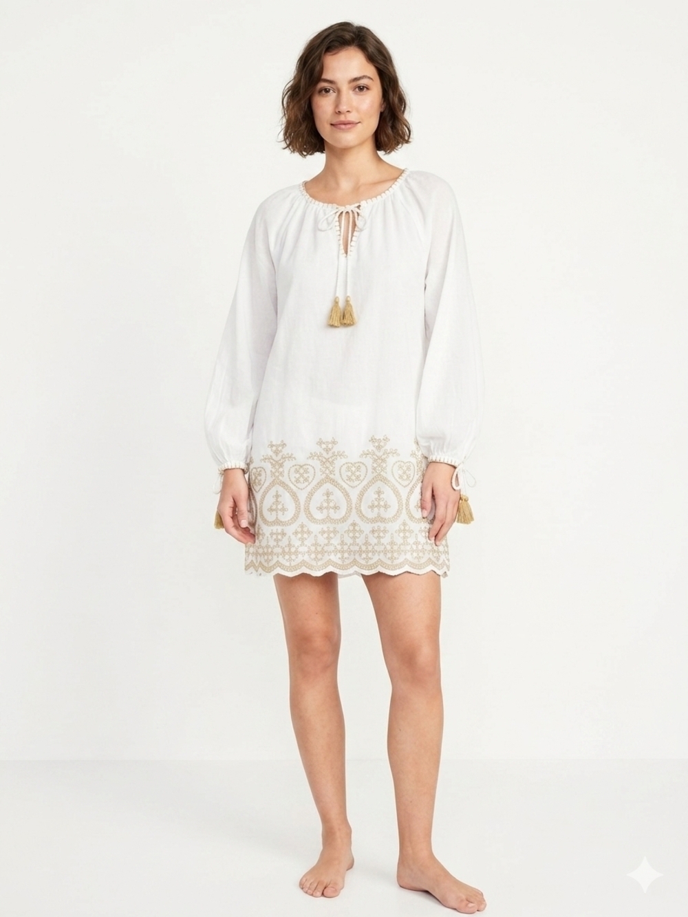 Old Navy Women’s White Embroidered Tassel Tunic Top Size L 100% Cotton